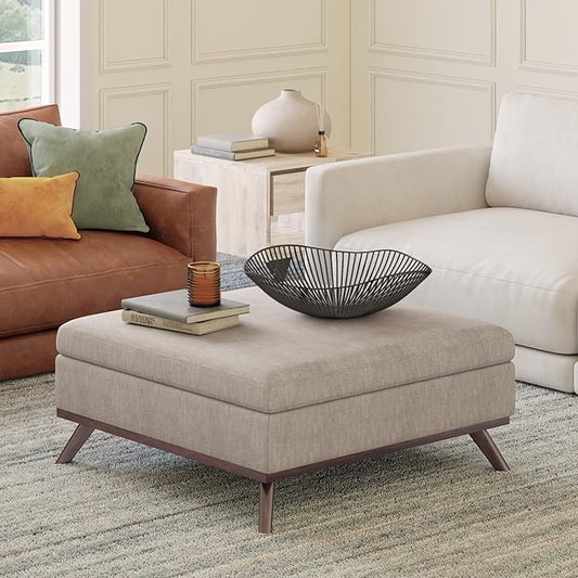 SIMPLIHOME Owen 36 inch Wide Mid Century Modern Square Coffee Table Storage Ottoman in Natural Polyester Fabric, Assembled, for the Living Room, Entryway and Family Room