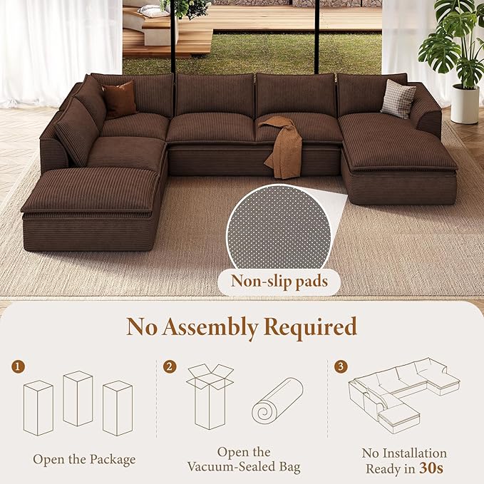 Vesgantti 141.7" U Shaped Boneless Sectional Couch, Modern 6 Seater Modular Sofa with Chaise & Ottoman, Deep Seat Corduroy Cloud Couches for Living Room, No Assembly Required, Dark Brown