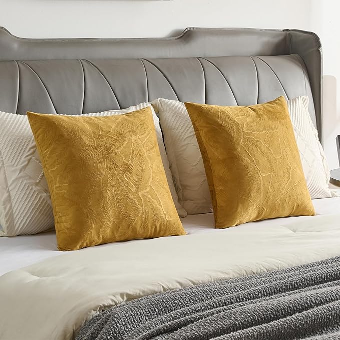 FUTEI Golden Yellow Velvet Throw Pillow Covers 24x24 Inch Set of 2,Soft Embossed Leaf-Relief Textured European Cushion Cases,Natural Home Decor for Couch Living Room