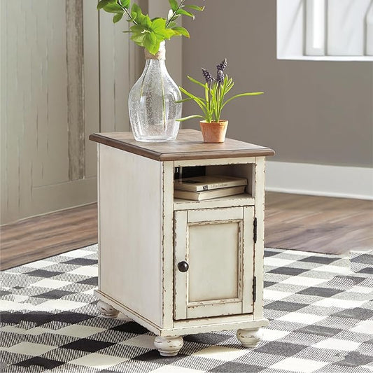 Signature Design by Ashley Realyn French Country Chair Side End Table, Cabinet Storage with Shelf, Outlets and USB Ports, Wood, 14" W x 24" D x 23.13" H, Cream