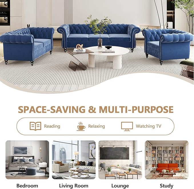 Velvet Sofa Couches Set, 3-Piece Mid Century Modern Upholstered Couch with Cushions, Home Sofa Sectional Furniture Sets, Comfy Tufted Chesterfield Couches for Living Room, Bedroom, Office