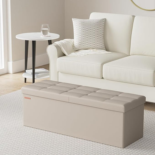 SONGMICS MAZIE Collection - 43 Inches Storage Ottoman Bench with Flipping Lid, Storage Chest with Iron Frame Support, Load 660 lb, for Living Room, Bedroom, Synthetic Leather, Camel Brown ULSF075K03