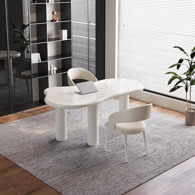 Modern Cream-White Office Desk with Beige Business Chair, Large Computer Table Set, Minimalist and Sturdy Workstation and Workstation, Ideal for Office, Home Office, and Gaming (Desk with Two Chairs)