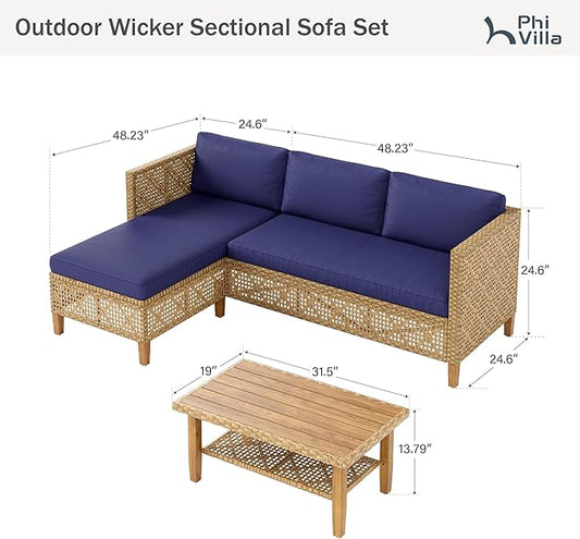 PHI VILLA Wicker Patio Furniture Set, Sectional Outdoor Sofa with Cushions and Acacia Wood Coffee Table, L-Shaped Small Patio Conversation Set, Navy Blue