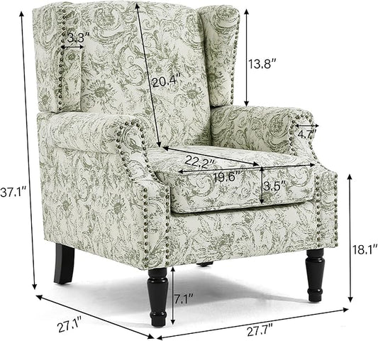 Wingback Accent Chair, High Back Upholstered Armchair, Printed Fabric Wingback Arms Chairs with Wood Legs, Single Sofa Reading Chair for Bedroom Living Room, Green Pattern