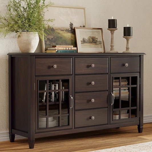SIMPLIHOME Connaught Buffet - 60 inch Wide Solid Wood 3-Door Sideboard Buffet in Chestnut Brown, Traditional Storage Cabinet for Dining Room or Kitchen with Adjustable Shelves and Classic Molding
