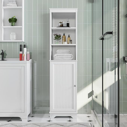 Yaheetech Tall Slim Storage Cabinet with 3 Shelves & Door, Freestanding Linen Cabinet for Bathroom, Living Room, Entryway, 16 x 12 x 60.5 Inches, White