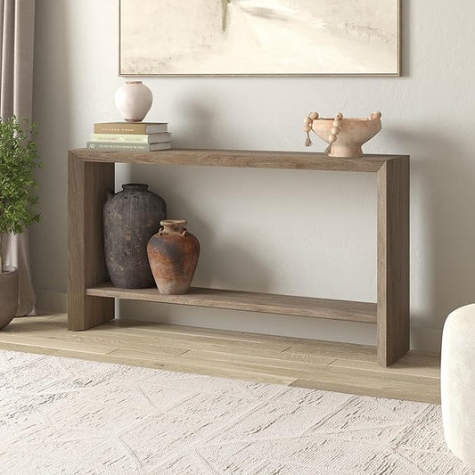 Henn&Hart 55'' Wooden Rectangular Console Table Entryway Table, Sofa Table with Wooden Storage Shelf for Entryway, Living Room, Couch, Hallway, or Office, Antiqued Gray Oak