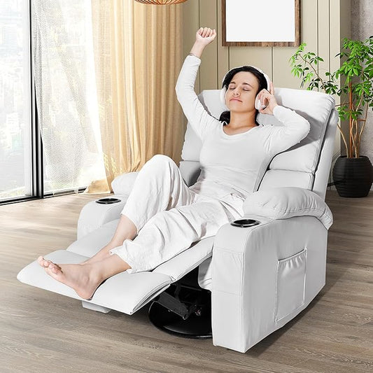 LEVELEVE Rocking Recliner Chair, Massage Rocker Recliner Chair with Vibration Massage and Heat, USB and Type-C Ports,360° Swivel Faux Leather Chairs, Living Room, Bedroom, Nursery, RV, Light Grey