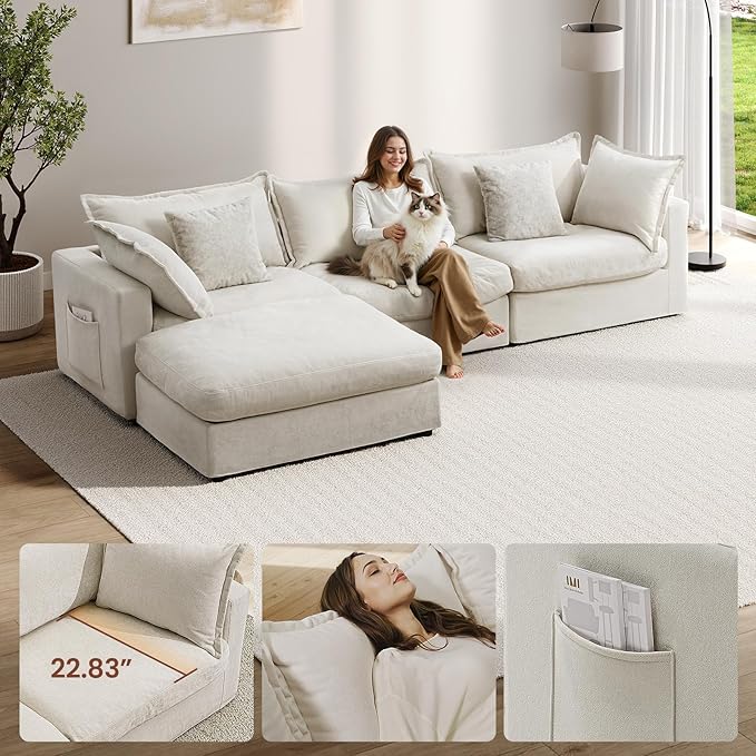 118.5" Down Filled Cloud Couch, Chenille Modular Sectional Sofa with Storage Ottoman, 3-Seater L Shape Sofa with Throw Pillows, Mordern Sectional Couches for Living Room, Beige
