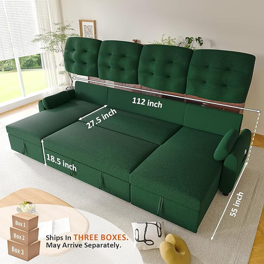 Ucloveria Sleeper Sofa Bed, 112" U Shaped Sectional Sofa Couches for Living Room, Pull Out Couch Bed with Dual Reversible Storage Chaise | Charging Station | Side Pockets | Removable Backrest