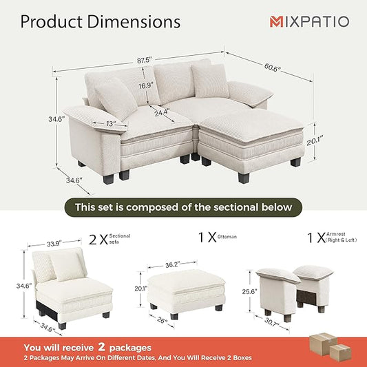 87-Inch L Shaped Sectional Sofa with Cloud Cushions, Deep Seat Modular Couch Set w/ 3 Seats & 1 Ottomans, Removable Arms, Chenille & Corduroy Upholstery for Living Room, Apartment - Beige