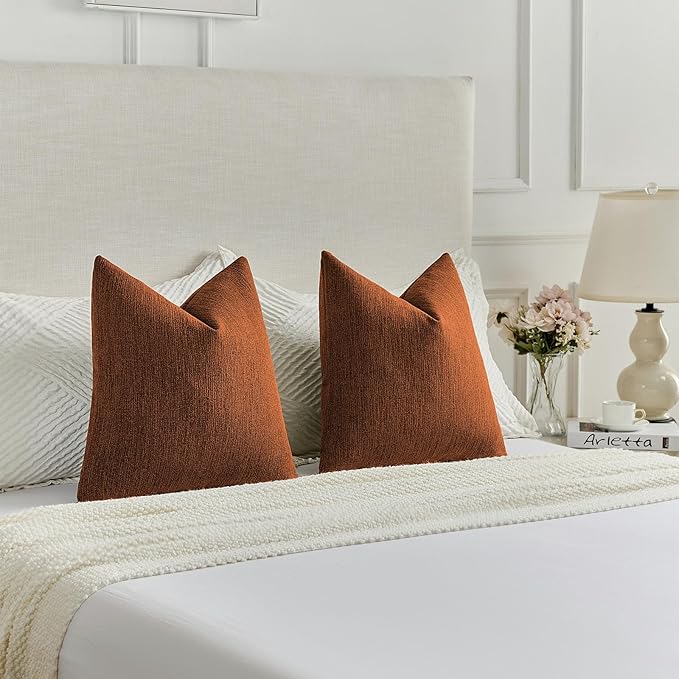 FUTEI Rust Chenille Decorative Throw Pillow Covers 24x24 Inch Set of 2,Soft Cozy Faux Linen Textured European Pillow Shams,Farmhouse Home Decor for Couch Living Room
