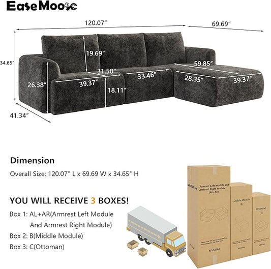 EASE MOOSE Sectional Cloud Couch for Living Room, Modular Boneless Sofa L-Shaped, Modern Cloud Sofa Set with Fluffy Foam, Oversized 4-Seater Comfy Sofa with Ottoman for Bedroom, Chenille (Dark Grey)