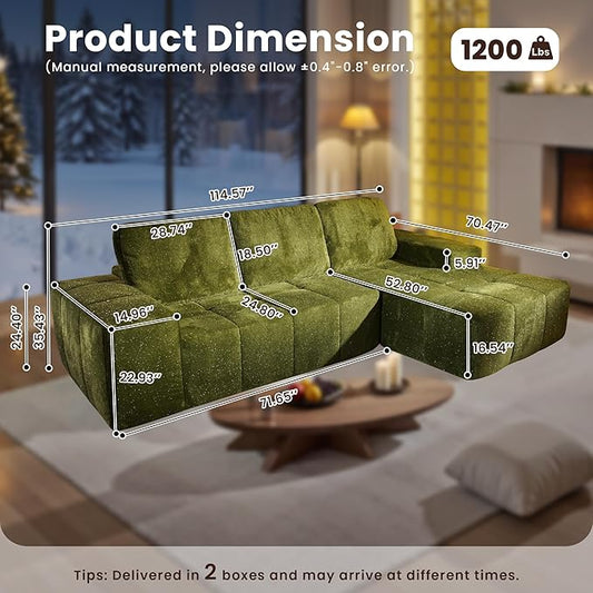 114" Glitter Cloud Sectional Couch with L-Shape Chaise, Modern Boneless Couches for Living Room Christmas Party, Fluffy Tufted Deep Seat Modular Sofa in a Box No Assembly