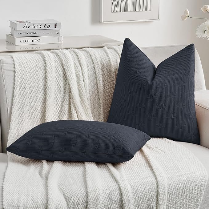 FUTEI Navy Blue Chenille Decorative Throw Pillow Covers 18x18 Inch Set of 2,Soft Cozy Striped Geometric Patterns Cushion Cases,Modern Home Decor for Couch Bed Living Room