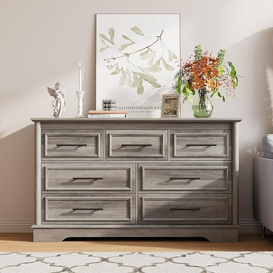 LGHM 7 Drawers Dresser for Bedroom, 54" Wide Chest of Drawers with Smooth Gliding Drawers, Gray Wood Dresser, Sturdy Storage Dressers Organizer with Metal Handles for Home Office, Farmhouse, Nursery