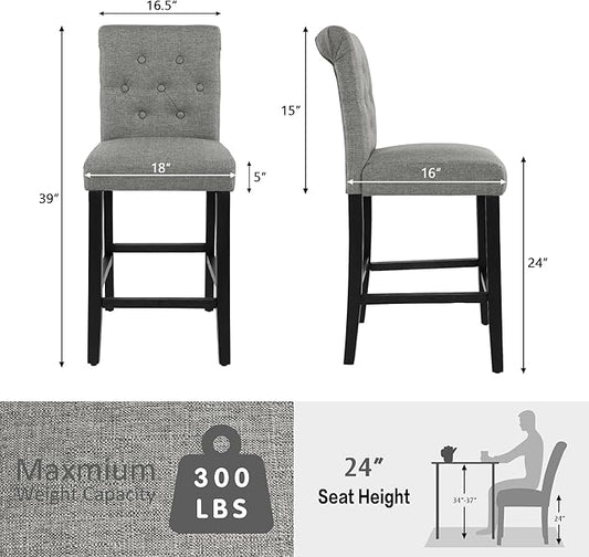 GOTMINSI 24inch Counter Height Bar Stool, Set of 4 Counter Height Chairs for Kitchen Island Upholstered Back Bar Chairs Fabric Barstool with Button Tufted Decoration Leisure Style (Grey)