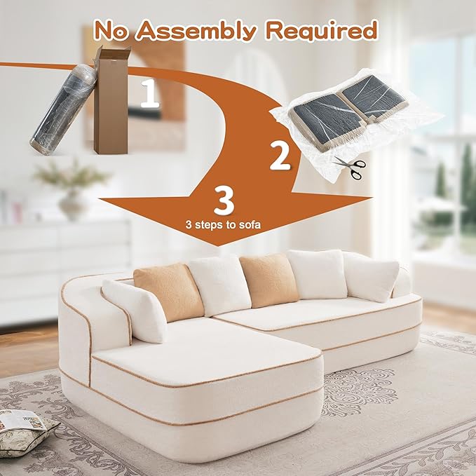 Cloud Sectional Sofa Modern Boneless Couch for Living Room, Comfy Deep Seat Comfy Teddy Fabric Double Sofa Chaise No Assembly Required (White, 106" L Shape with Left Facing)