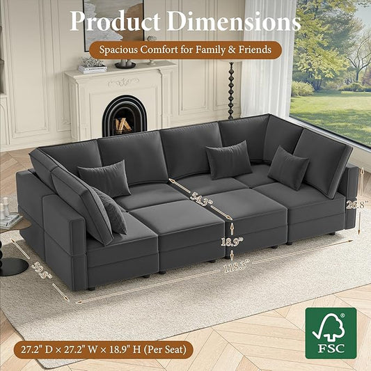 Vesgantti Sectional Sleeper Sofas with Storage, 118" Sofa Bed with 8 Seats Storage Chaises Removeble Cover, Deep Seat Modular Couches Velvet Couch Set for Living Room, Apartment, Home Theatre, Gray
