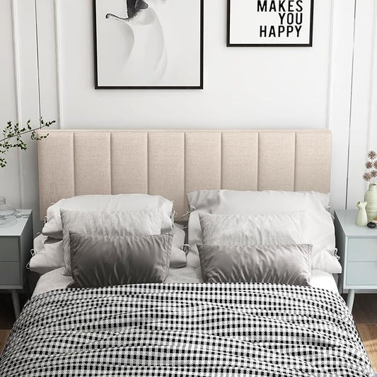 KOMFOTT Linen Upholstered Headboard for Full & Queen Size Bed, Vertical Channel Tufted Rectangular Headboard with Solid Wood Legs & Adjustable Width, Padded Bed Backboard, Easy Assembly, Beige