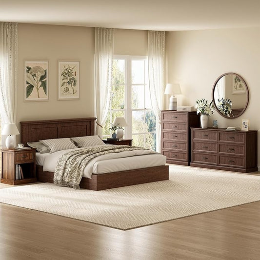CARPETNAL Farmhouse Dresser and Nightstand Sets for Bedroom, 4 Pcs Bedroom Set, 5 Drawer & 6 Drawer Dresser and Nightstand Set of 2, Wood Chest of Drawers for Living Room, Entryway, Brown