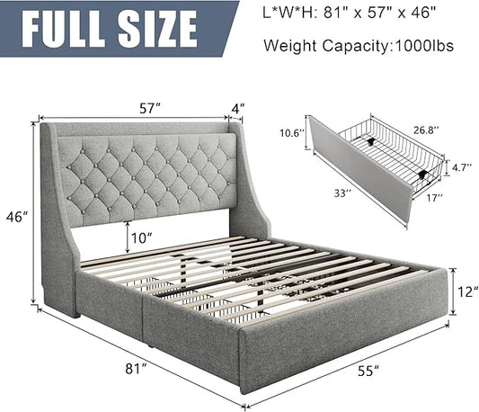 Full Size Upholstered Platform Bed Frame with 4 Storage Drawers and Charging Station, Linen Button Tufted Wingback Headboard, Sturdy Wooden Support Slats, No Box Spring Needed, Light Grey