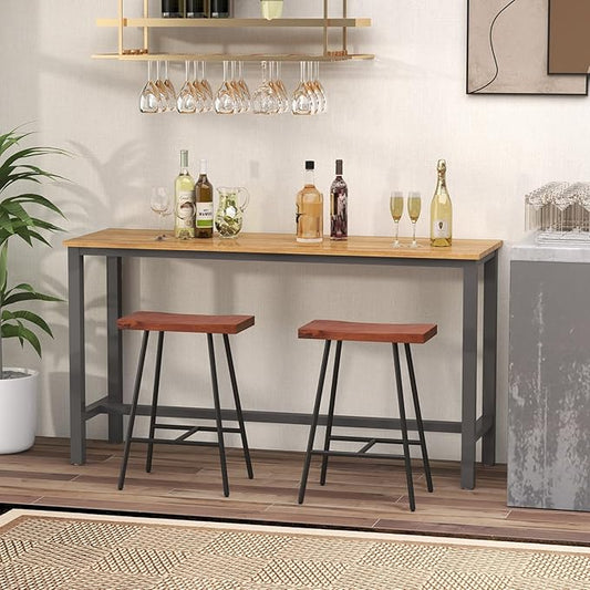 COSTWAY Industrial Bar Stools, 24-inch Backless Counter Height Saddle Stools with Footrest, Metal Legs, Adjustable Foot Pads, Barstools for Kitchen Island Cafe Restaurant, Walnut+Black (Set of 2)