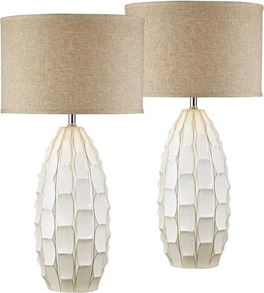 Possini Euro Design Cosgrove 32 3/4" Tall Oval Large Mid Century Modern Coastal End Table Lamps Set of 2 White Ceramic Living Room Bedroom Bedside Nightstand House Beige Shade (Colors May Vary)