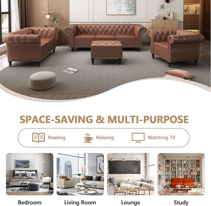 Accent Sofa Chair for Living Room, Modern PU Leather Upholstered Armchair, Oversized Comfy Single Sofa Chair with Cushion, Mid Century Tufted Chesterfield Sofa Couch for Bedroom, Apartment (Brown)