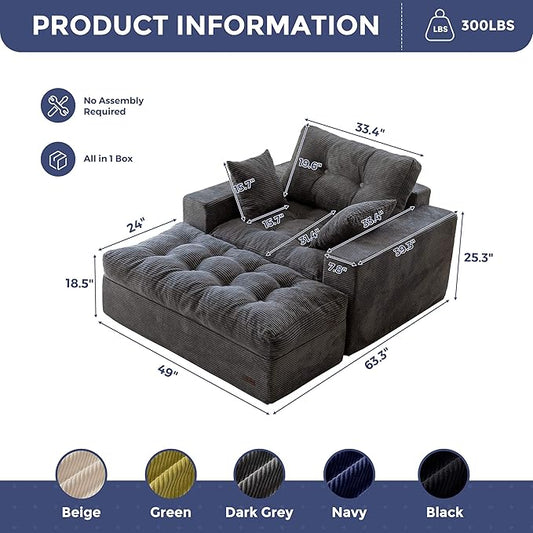 MAXYOYO Modular Sectional Chaise Lounge Sofa, Upholstered Lounge Chair with Ottoman, Comfy Couch with Layered Cushion, Tufted Upholstered Sleeper Chair for Living Room, No Assembly, Dark Grey