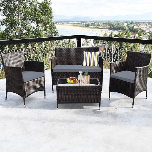 COSTWAY 4PCS Rattan Patio Furniture Set, Outdoor Wicker Rattan Chairs with Coffee Table, Rattan Cushioned Conversation Set for Backyard Balcony Porch Poolside, Grey