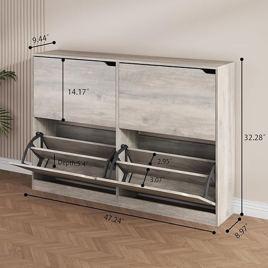 Shoe Storage Cabinet, Wood Shoe Organizer for Entryway with 4 Flip Drawers, Freestanding Shoe Rack with Adjustable Shelf, Narrow Shoe Dresser for Front Door Entrance(Grey, 47.24" x 32.28" x 9.44")