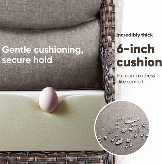 Swivel Patio Chairs sofa Set of 6 with 6" Thick Cushion - Wicker Outdoor Swivel Rocker Patio Chair ,Sofa/Glass coffee table, High Back Comfortable Outdoor Glider Chairs - Brown Wicker | Gery Cushions