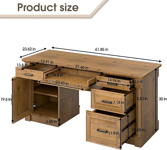 61.85″ Executive Desk with Roman Column Design, Large Boss Office Desk 3 Drawers incl. File Drawer, Keyboard Tray, Cabinet Shelf with Door, Vintage Oak