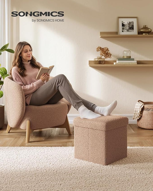 SONGMICS Small Folding Storage Ottoman, Foot Rest Stool, 15 x 15 x 15 Inches, Ottoman with Storage, Load up to 660 lb, for Living Room, Bedroom, Dorm, Camel Brown ULSF095K01