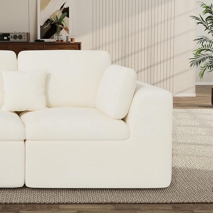 144" Cloud Sectional Couches for Living Room, Convertible U-Shape Couch with Ottoman, 6 Seater Modular Sectional Sofa,Beige Chenille