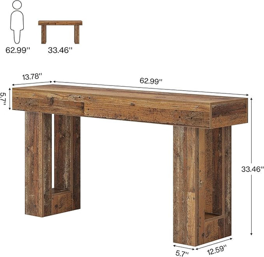 Tribesigns 63" Farmhouse Console Table, Natural Wooden Sofa Table Rectangular Accent Console for Entryway, Hallway & Living Room (Mix Brown)