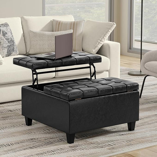 SIMPLIHOME Harrison 30 inch Wide Transitional Square Small Coffee Table Storage Ottoman in Distressed Black Vegan Faux Leather, Assembled, for The Living Room and Bedroom
