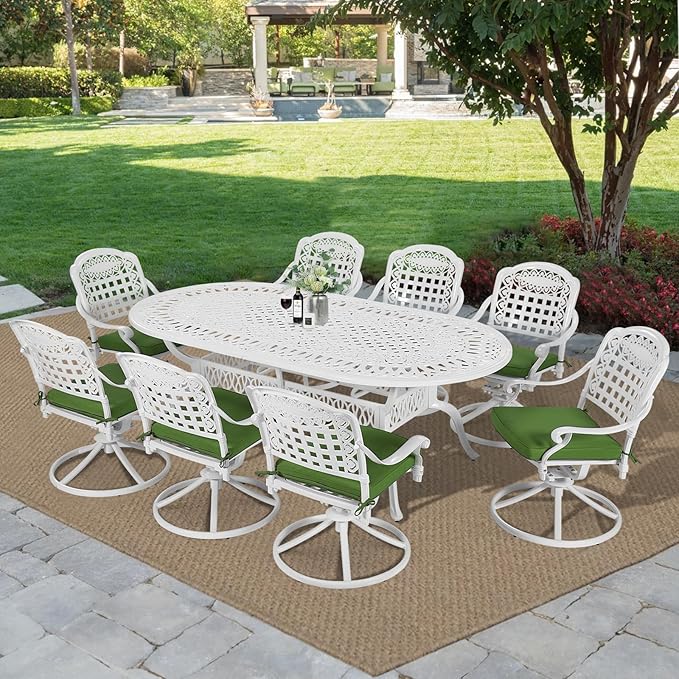 MEETWARM 9-Piece Outdoor Patio Dining Set, All-Weather Cast Aluminum Patio Conversation Set with 8 Cushioned Swivel Rocker Chairs for Backyard Garden Deck, 1 Oval Table, 2" Umbrella Hole, White