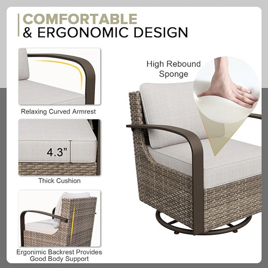 COOS BAY Aurora Terrace Half-Moon Outdoor Furniture Set, Rattan Conversation Set with Swivel Rockers, Curved 4-Seat Sofa, Coffee Table & Side Table, Seats 6, Beige/Beige