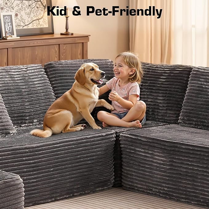 Oversized U Shaped Boneless Sectional Cloud Couch, 133.1'' Modular Sofa with Chaise, Deep Seat Plush Corduroy Couches for Living Room, No Assembly Required,Plush Corduroy,Gray