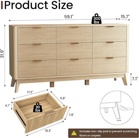 SUNWAVE Fluted 9 Drawer Dresser for Bedroom, 59.1" Wide Modern Large Dresser with Round Corner, Wood Drawer TV Stand for Living Room