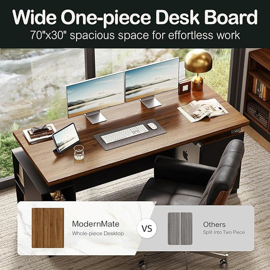 71" Standing Executive Desk with Privacy Panel, Large One-Piece Electric Height Adjustable Stand Up Desk with Charging Station, File Cabinet Storage, Home and Office, Black Walnut
