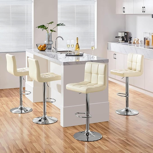 Yaheetech Bar Stools Set of 4, PU Leather Swivel Barstools, Height Adjustable Counter Chairs, Modern Stools with Back for Bar Kitchen Island Dining Room, 4pcs, Beige