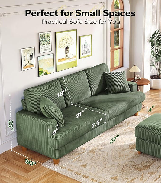 87in Corduroy Couch, Kidirect Sofa No Tool Assembly, Comfy Couches for Living Room 21in Deeper Seats, Corduroy Sofas for Living Room with 2 Pillows, Oversized Loveseat Sofa, Boho Love Seat Green Couch