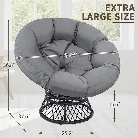 46" Giant Oversized Rattan Papasan Chair with Cushion and Frame for Adults, Fluid 360° Swivel, Waterproof, Black Frame with Dark Grey Cushion