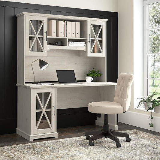 Bush Furniture Lennox 60W Farmhouse Desk with Hutch and Storage Cabinet in Linen White Oak | Computer Table for Home Office