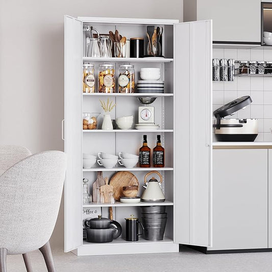 SISESOL Metal Storage Storage Cabinet with 5 Adjustable Shelves,White Metal Cabinet with Locking Doors,Steel Pantry Cabinet with Lock,71" Lockable Storage Cabinet for Home,Office,Garage,Kitchen,Shop