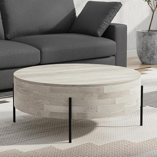 SIMPLIHOME Rayburn Drum Coffee Table - 38 inch Wide Solid Mango Wood Round Living Room Table in White Wash, Modern Urban Center Table for Family Room with Black Metal Legs and Large Surface